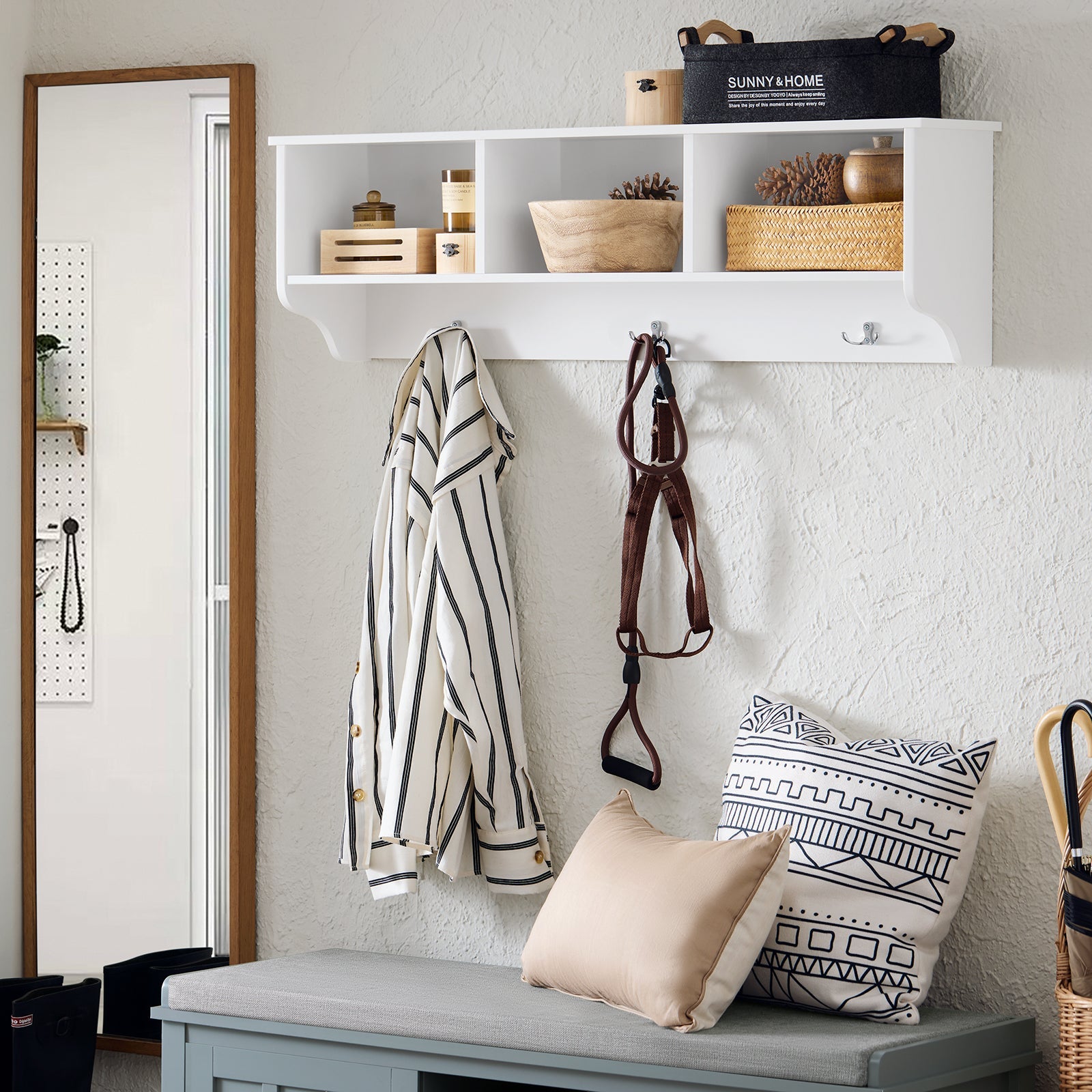 Appendiabiti da parete Appendiabiti da ingresso Mensola pensile con 3 scomparti e 3 ganci Bianco 100x20x30cm FHK35-W