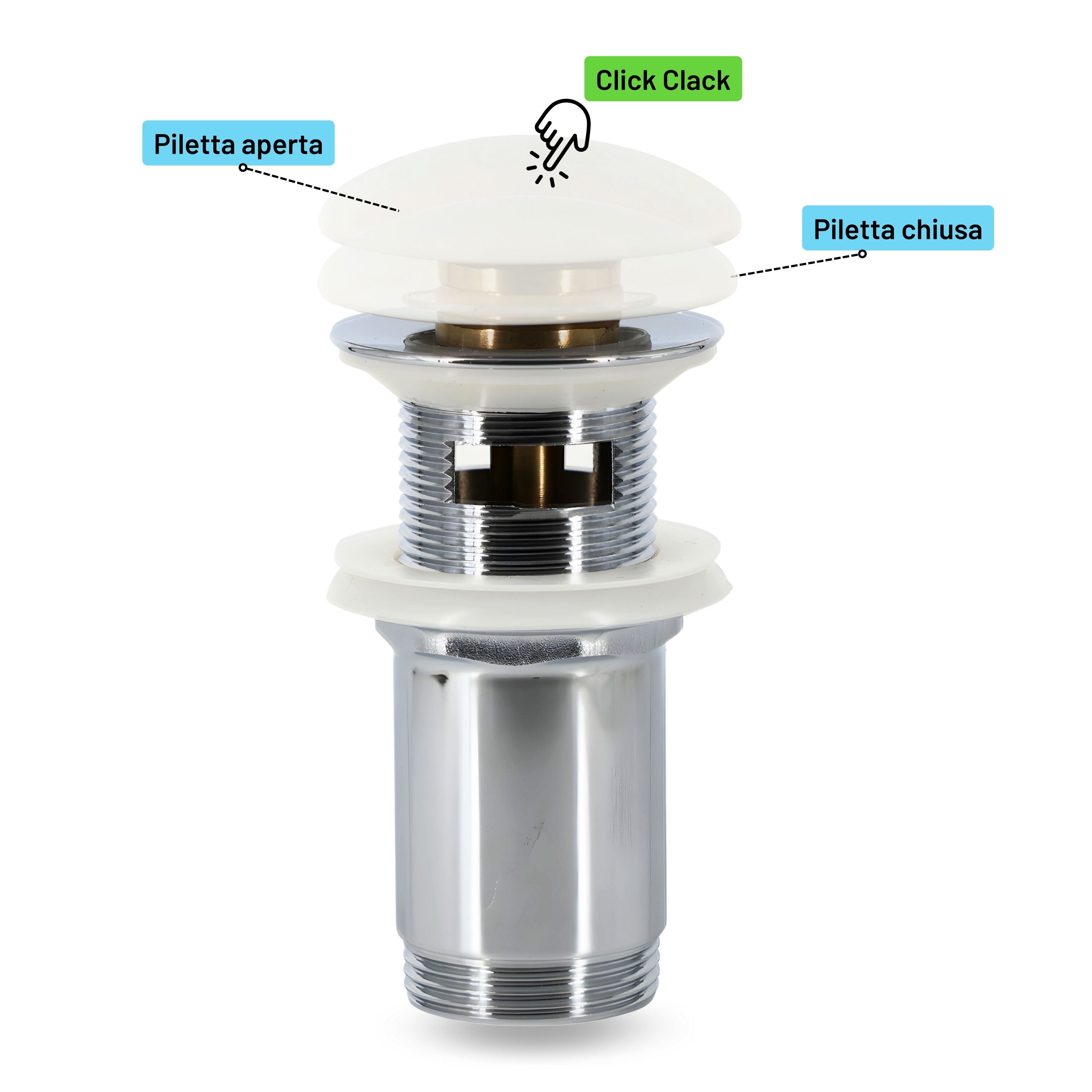 Piletta click clack 1.1/4 in ottone cromato ceramica bianca per lavabo bagno *** finitura- opaco, confezione 1