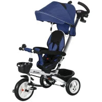 Triciclo Passeggino per Bambini con Maniglione, Parasole Regolabile e Cintura di Sicurezza, Blu Scuro