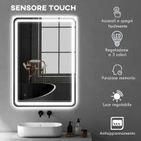 Specchio Bagno con Interruttore Touch, Luce LED a 3 Temperature e Antiappannamento, 70x100cm