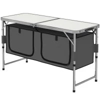 Tavolino da Campeggio Picnic con Base per Cibi e Bevande Altezza Regolabile Pieghevole Alluminio, Legno 120x47x55/62/68cm