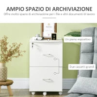 Armadietto da Ufficio con 2 Cassetti e 5 Ruote, Schedario in MDF e Truciolato, 43x45x72 cm, Bianco