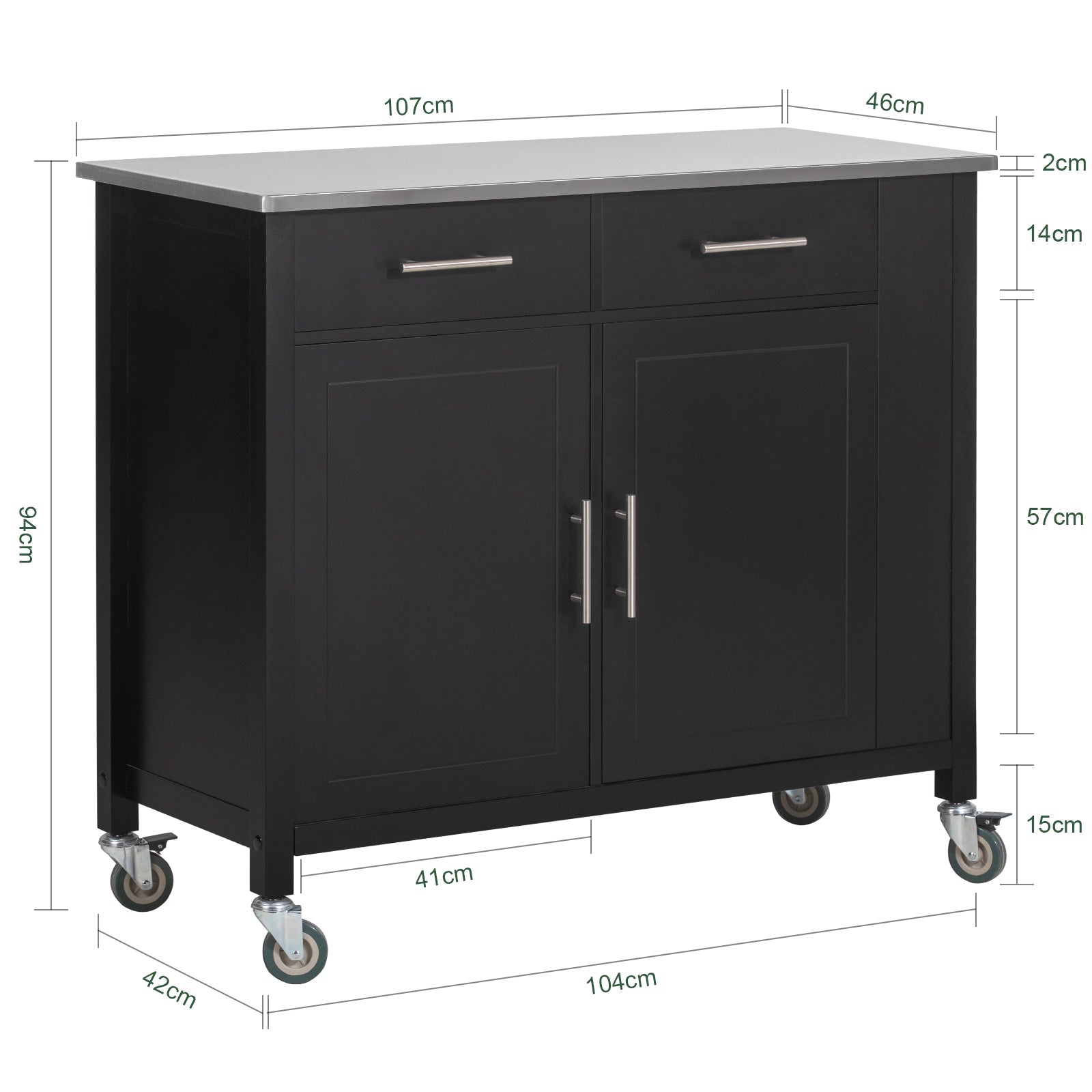 Carrello da cucina con piano in acciaio inox Isola da cucina con ripiano laterale Credenza con ruote Nero, FKW108-SCH