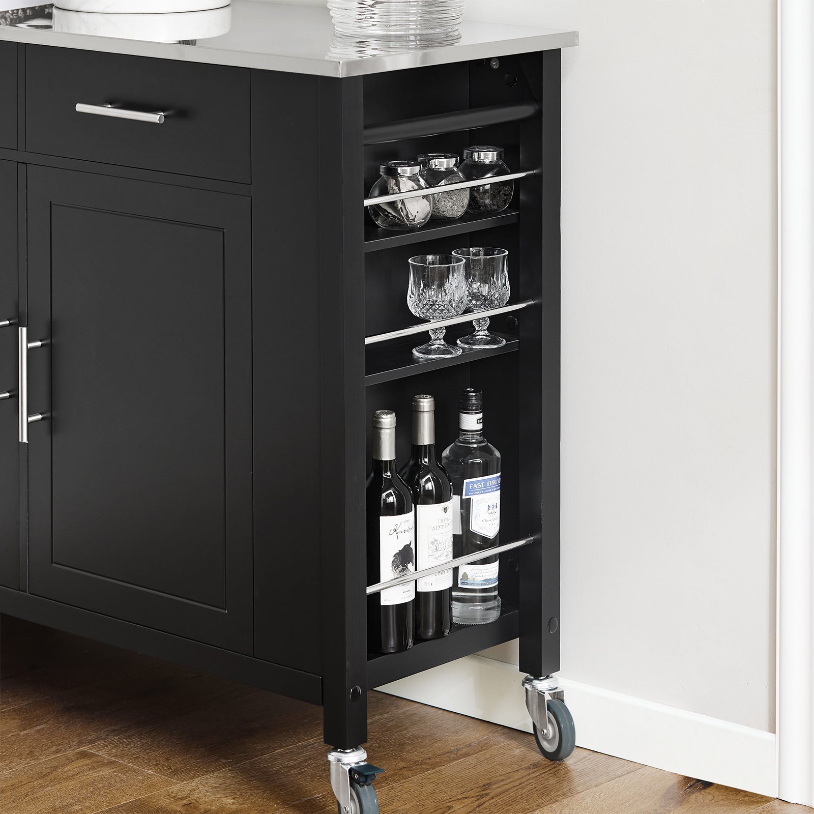 Carrello da cucina con piano in acciaio inox Isola da cucina con ripiano laterale Credenza con ruote Nero, FKW108-SCH