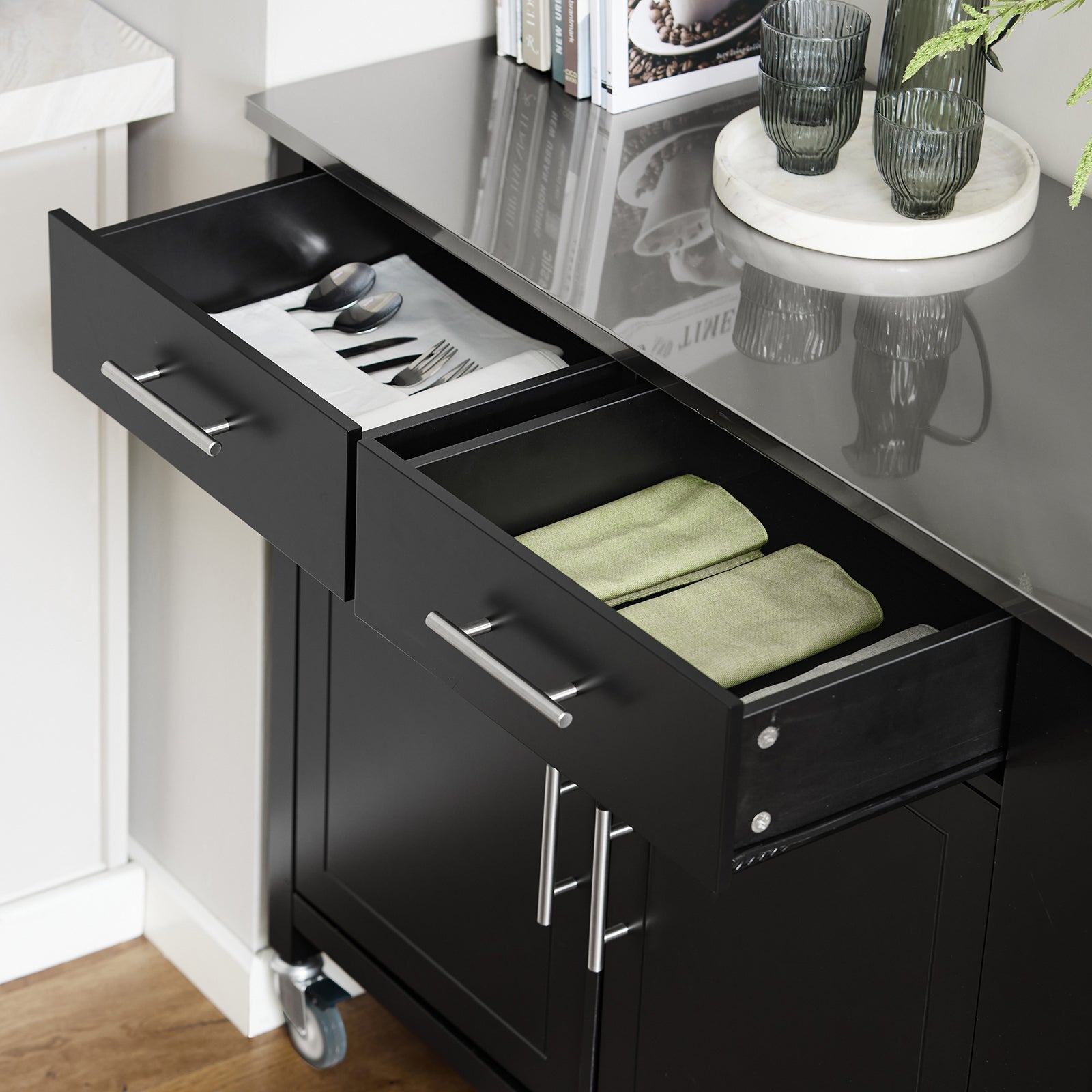 Carrello da cucina con piano in acciaio inox Isola da cucina con ripiano laterale Credenza con ruote Nero, FKW108-SCH
