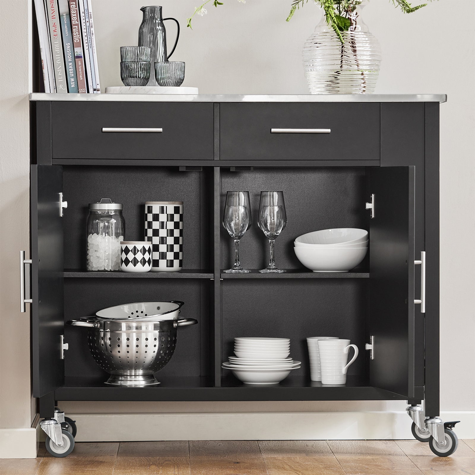 Carrello da cucina con piano in acciaio inox Isola da cucina con ripiano laterale Credenza con ruote Nero, FKW108-SCH