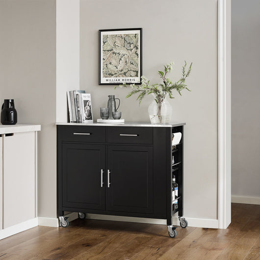 Carrello da cucina con piano in acciaio inox Isola da cucina con ripiano laterale Credenza con ruote Nero, FKW108-SCH
