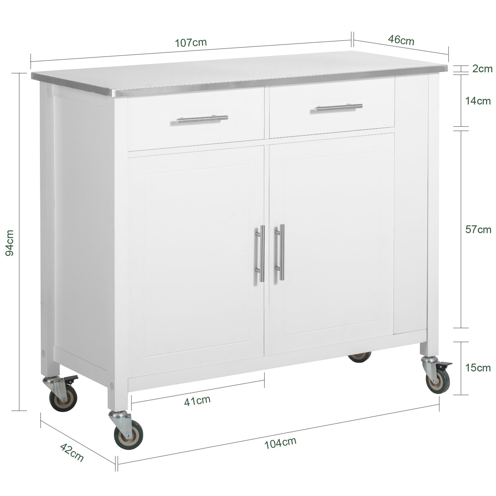 Carrello da cucina con piano in acciaio inox Isola da cucina con ripiano laterale Credenza con ruote Bianco, FKW108-W