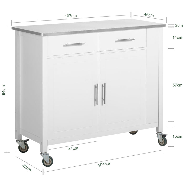 Carrello da cucina con piano in acciaio inox Isola da cucina con ripiano laterale Credenza con ruote Bianco, FKW108-W