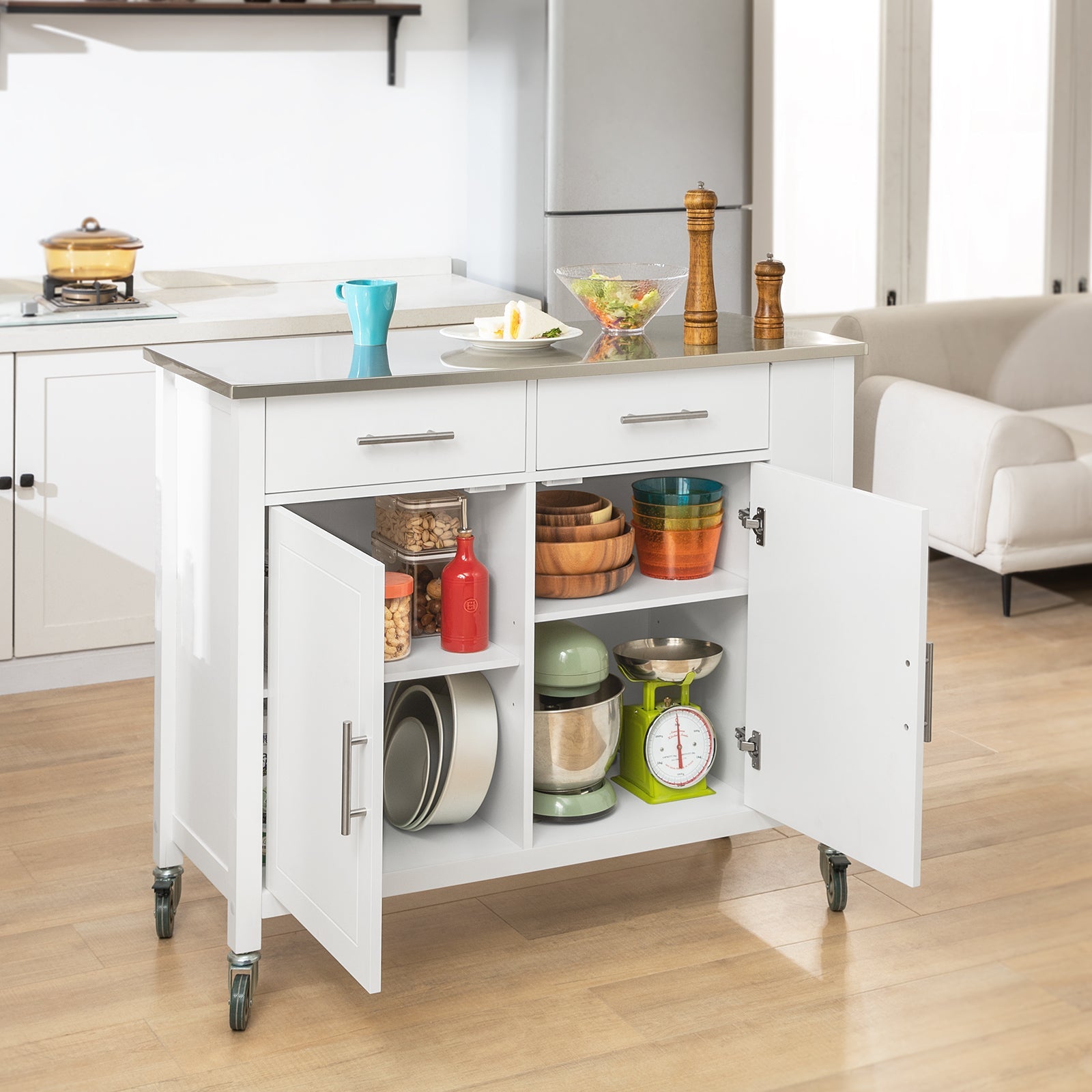 Carrello da cucina con piano in acciaio inox Isola da cucina con ripiano laterale Credenza con ruote Bianco, FKW108-W