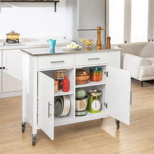 Carrello da cucina con piano in acciaio inox Isola da cucina con ripiano laterale Credenza con ruote Bianco, FKW108-W