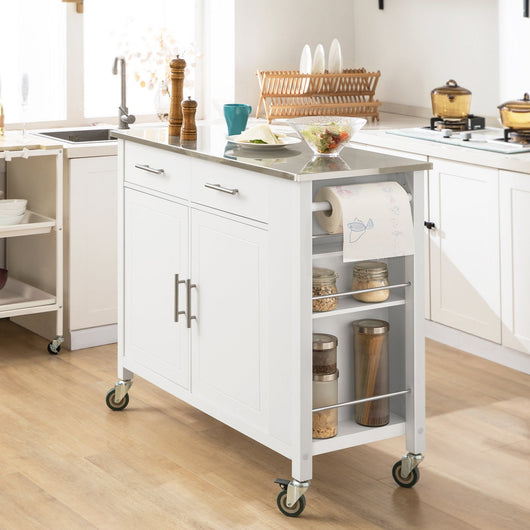 Carrello da cucina con piano in acciaio inox Isola da cucina con ripiano laterale Credenza con ruote Bianco, FKW108-W