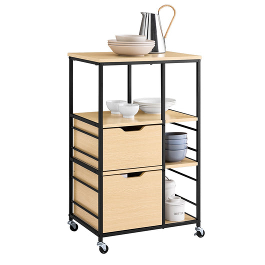 SoBuy FKW111-N Mobile cucina con cassetti e ripiani carrello cucina con ruote in stile industriale credenza cucina salvaspazio per dispensa, isola cucina piccola, cassettiera Legno Naturale 89x53x37cm