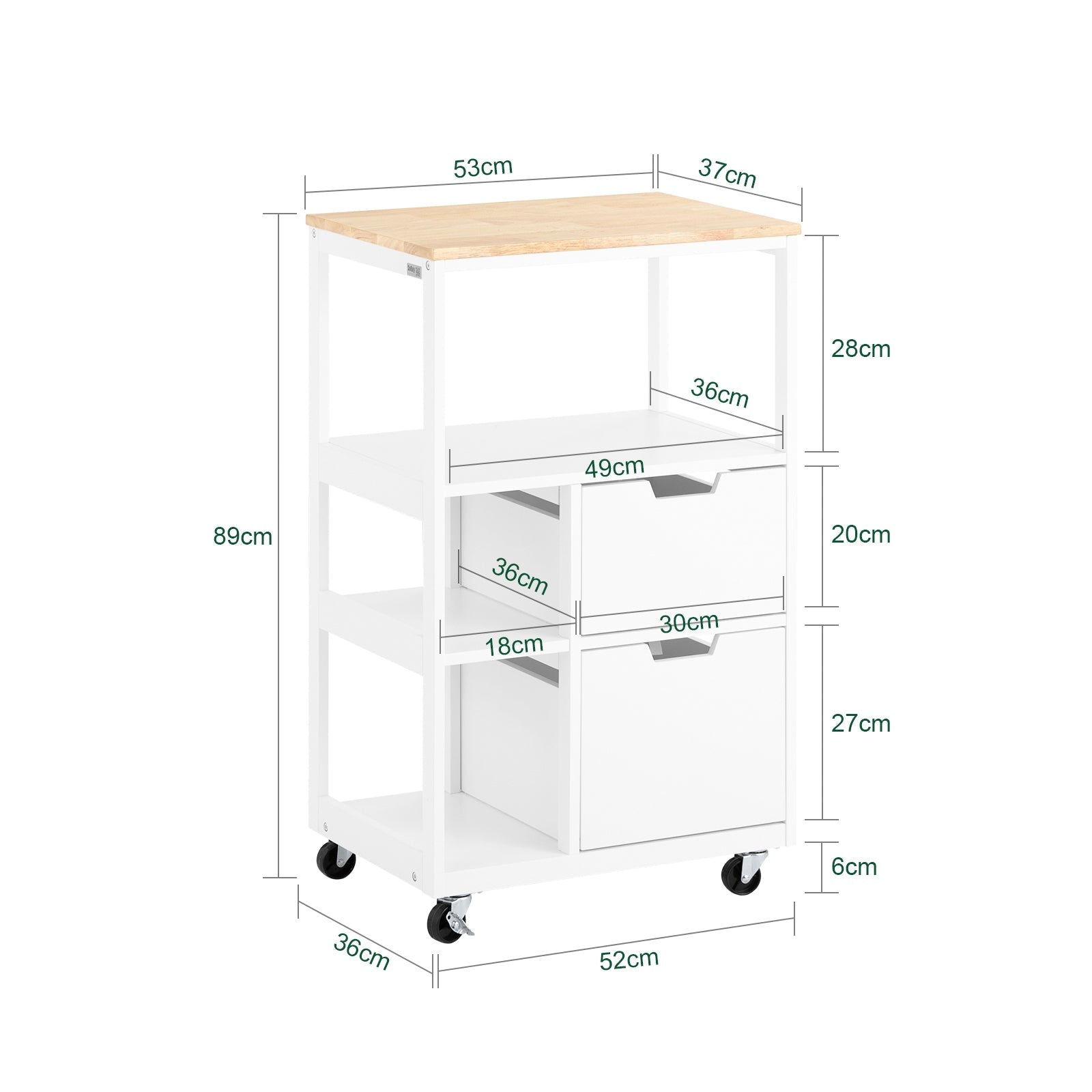 Carrello da cucina con 2 cassetti e 3 ripiani, Carrello da servizio, Carrelli portaoggetti, Bianco-Naturale 53x37x89cm FKW111-WN