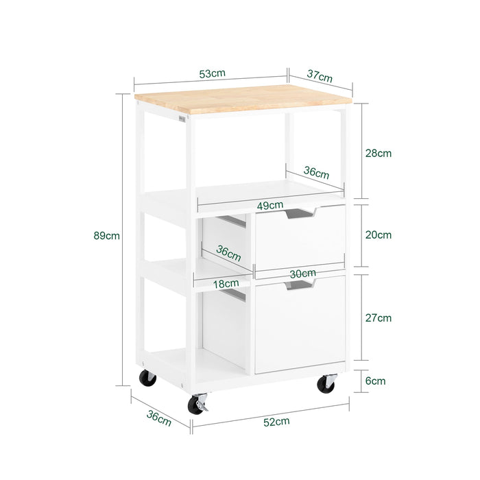 Carrello da cucina con 2 cassetti e 3 ripiani, Carrello da servizio, Carrelli portaoggetti, Bianco-Naturale 53x37x89cm FKW111-WN