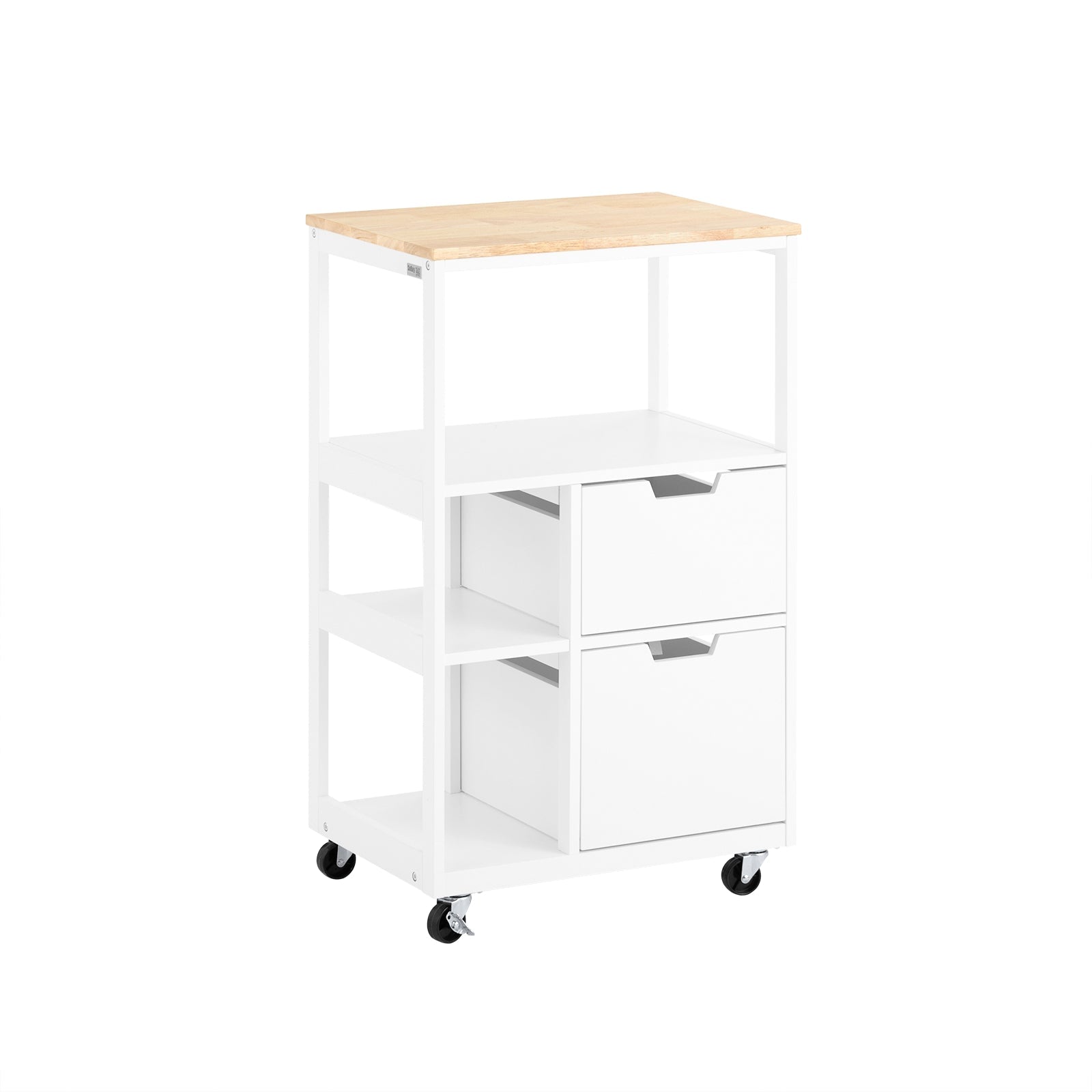 Carrello da cucina con 2 cassetti e 3 ripiani, Carrello da servizio, Carrelli portaoggetti, Bianco-Naturale 53x37x89cm FKW111-WN