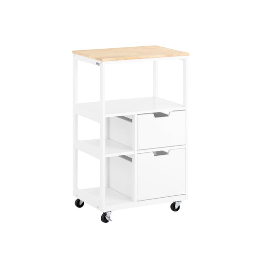 Carrello da cucina con 2 cassetti e 3 ripiani, Carrello da servizio, Carrelli portaoggetti, Bianco-Naturale 53x37x89cm FKW111-WN