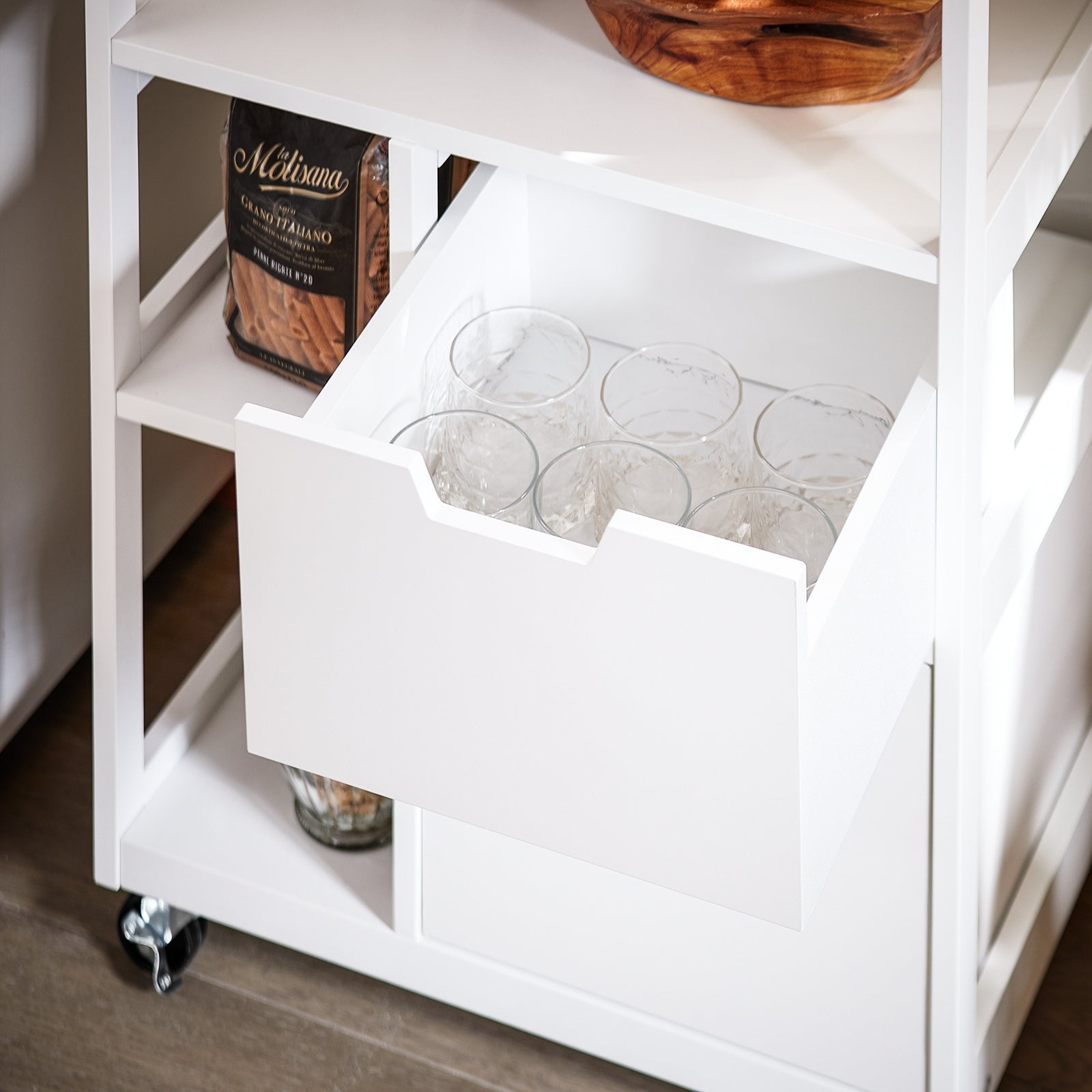 Carrello da cucina con 2 cassetti e 3 ripiani, Carrello da servizio, Carrelli portaoggetti, Bianco-Naturale 53x37x89cm FKW111-WN