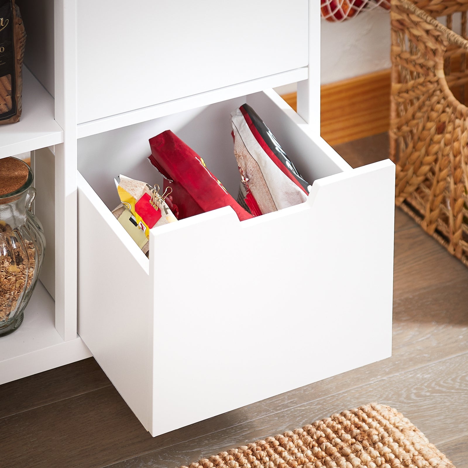 Carrello da cucina con 2 cassetti e 3 ripiani, Carrello da servizio, Carrelli portaoggetti, Bianco-Naturale 53x37x89cm FKW111-WN