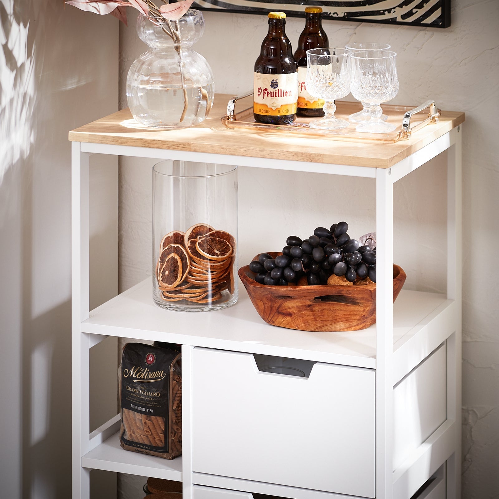 Carrello da cucina con 2 cassetti e 3 ripiani, Carrello da servizio, Carrelli portaoggetti, Bianco-Naturale 53x37x89cm FKW111-WN