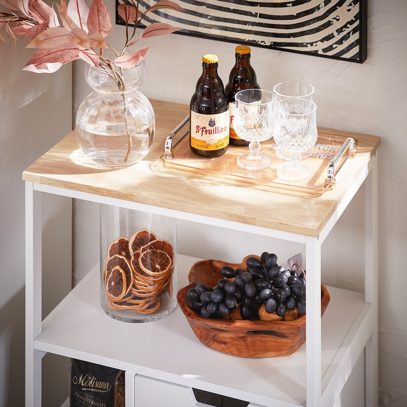 Carrello da cucina con 2 cassetti e 3 ripiani, Carrello da servizio, Carrelli portaoggetti, Bianco-Naturale 53x37x89cm FKW111-WN