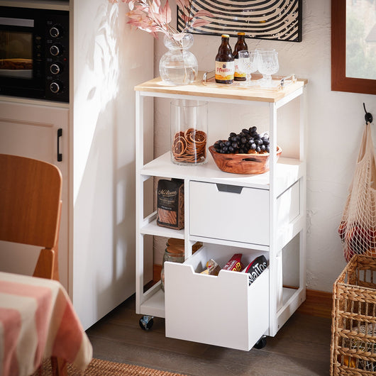 Carrello da cucina con 2 cassetti e 3 ripiani, Carrello da servizio, Carrelli portaoggetti, Bianco-Naturale 53x37x89cm FKW111-WN