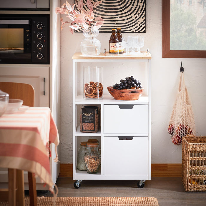 Carrello da cucina con 2 cassetti e 3 ripiani, Carrello da servizio, Carrelli portaoggetti, Bianco-Naturale 53x37x89cm FKW111-WN