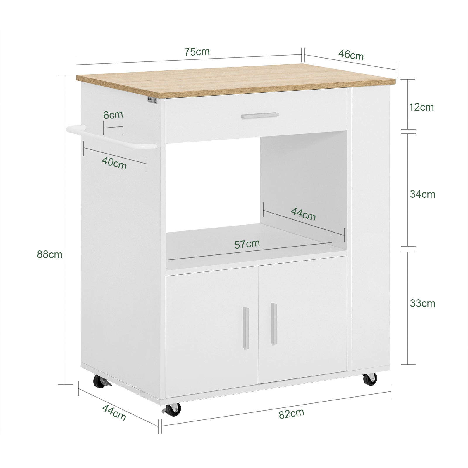 Carrello da cucina legno Mobiletto cucina salvaspazio con cassetto e armadietto 82x46x88 cm Bianco FKW113-WN SoBuy