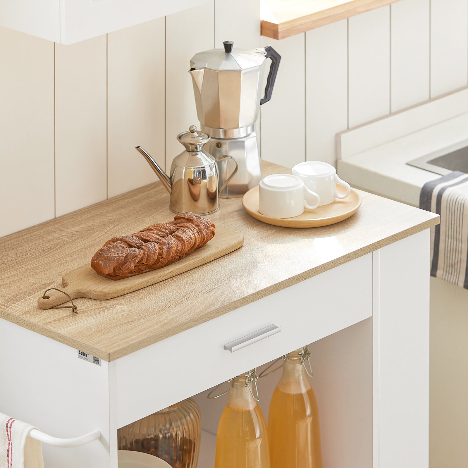 Carrello da cucina legno Mobiletto cucina salvaspazio con cassetto e armadietto 82x46x88 cm Bianco FKW113-WN SoBuy