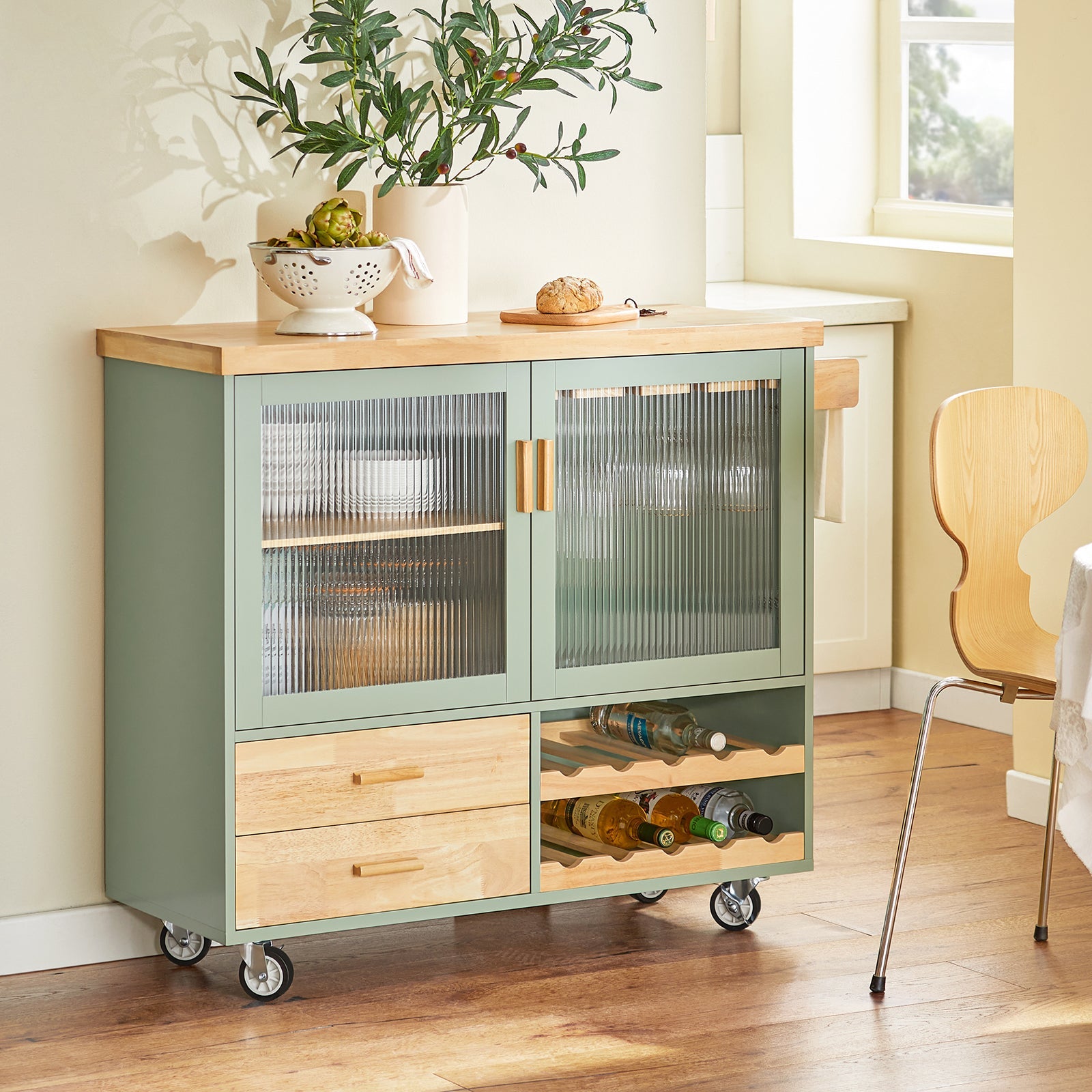 Carrello Cucina Con 2 Ante In Vetro Mobile Cucina Credenza Con Ruote 109x38x92cm Verde FKW114-GR SoBuy