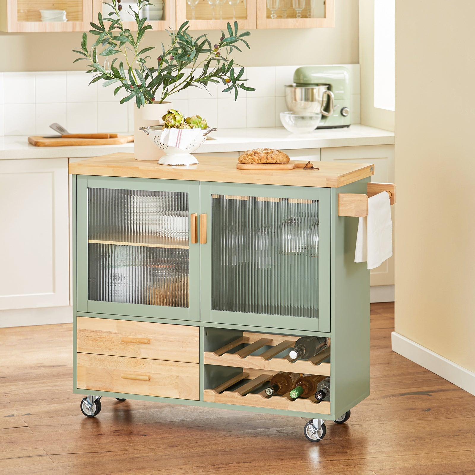 Carrello Cucina Con 2 Ante In Vetro Mobile Cucina Credenza Con Ruote 109x38x92cm Verde FKW114-GR SoBuy