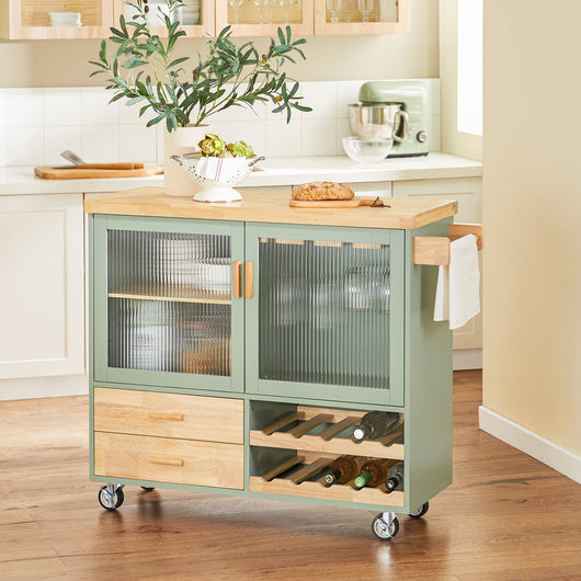 Carrello Cucina Con 2 Ante In Vetro Mobile Cucina Credenza Con Ruote 109x38x92cm Verde FKW114-GR SoBuy