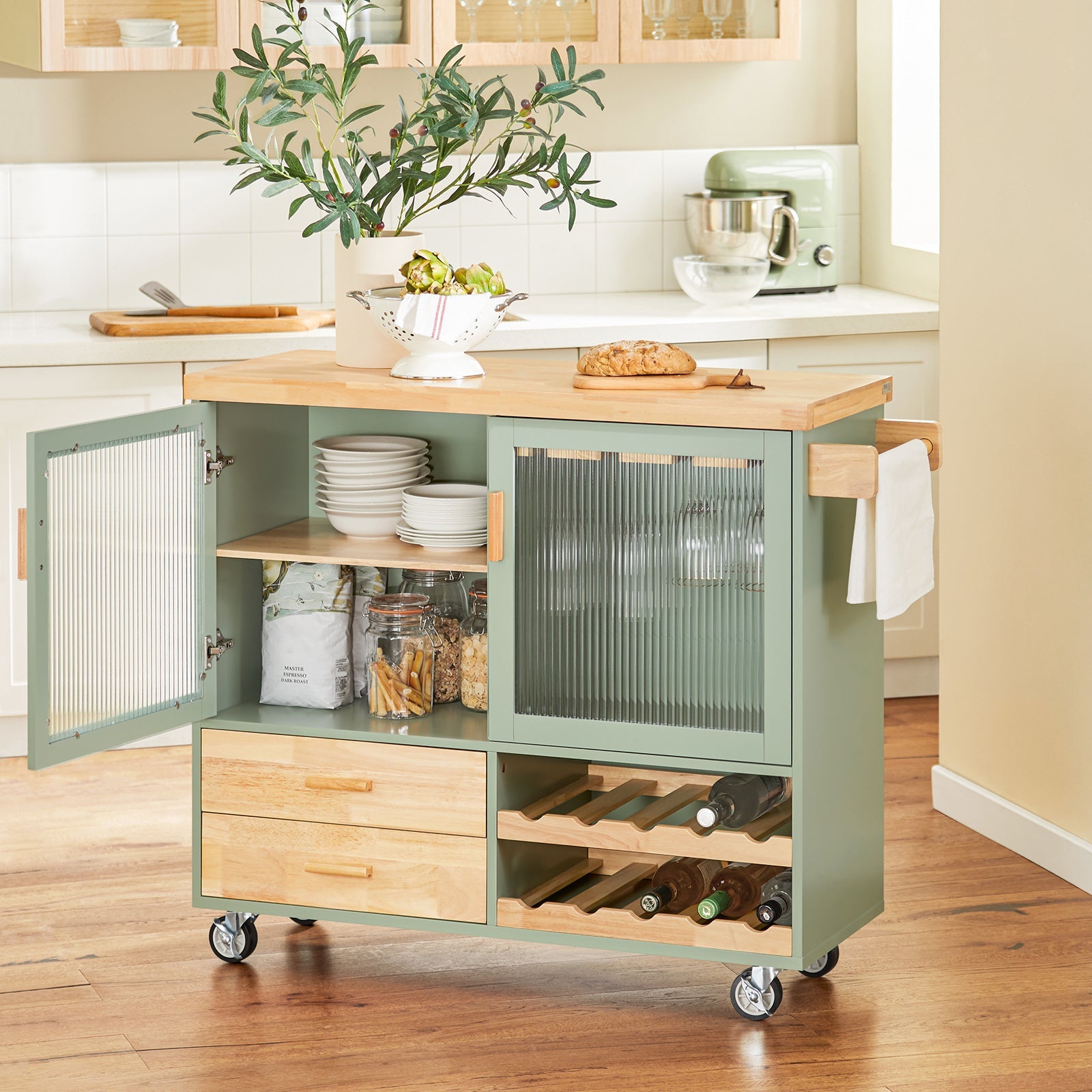 Carrello Cucina Con 2 Ante In Vetro Mobile Cucina Credenza Con Ruote 109x38x92cm Verde FKW114-GR SoBuy