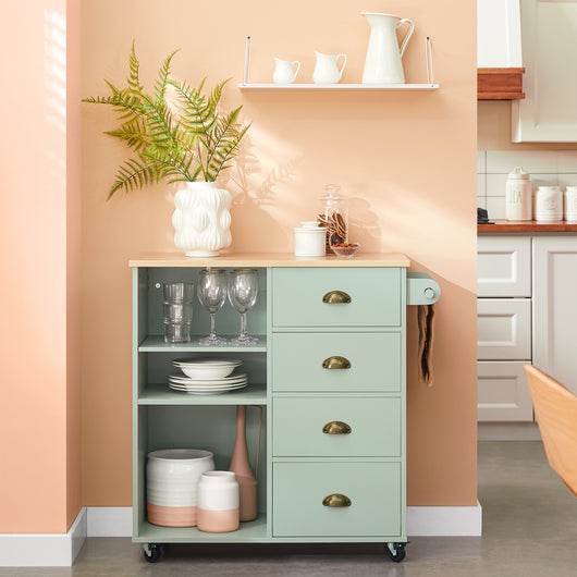 SoBuy Carrello da Cucina con 3 Scomparti e 4 Cassetti Isola da Cucina Carrello da Portata Mobile Verde 90x40x88cm FKW127-GR