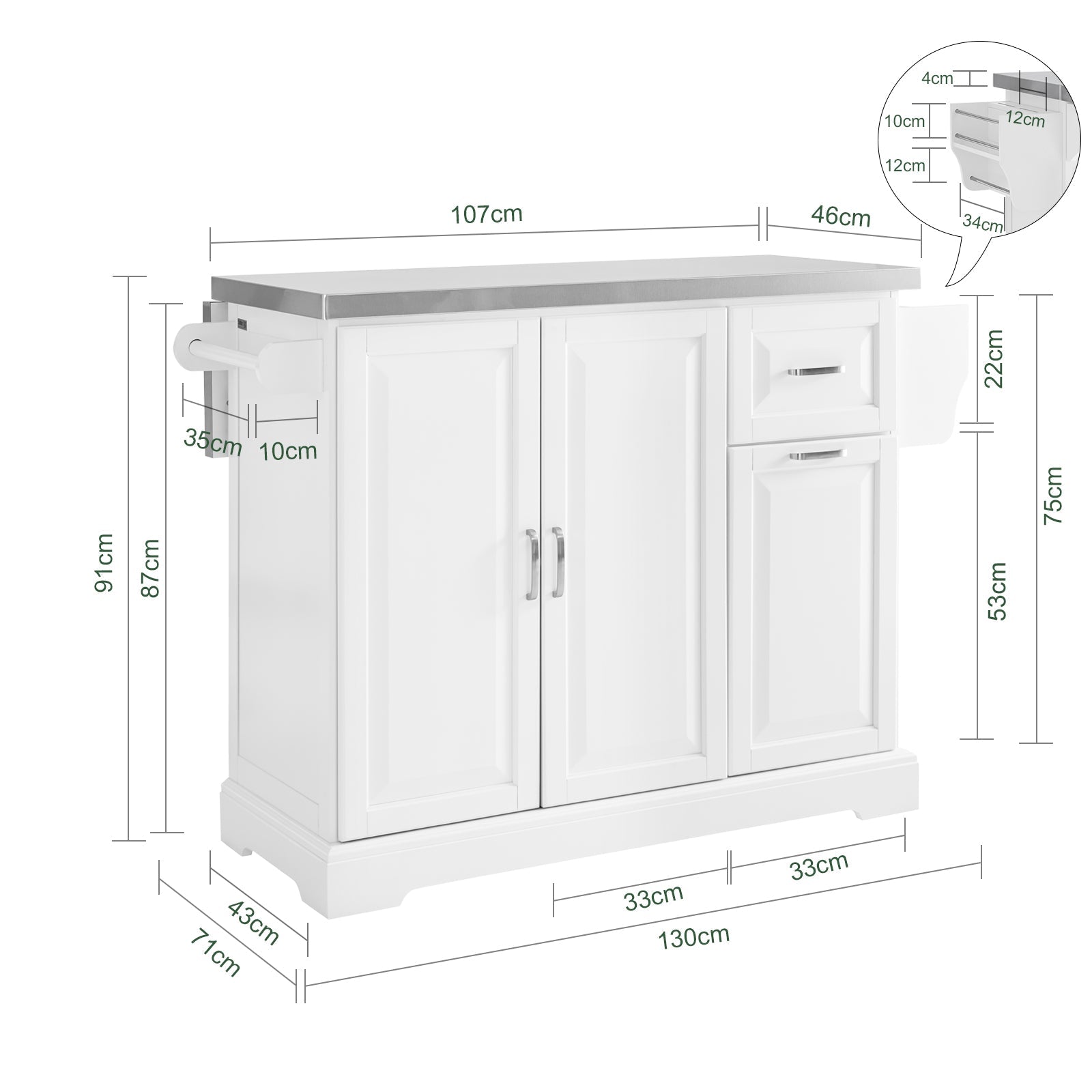 SoBuy FKW128-ST Isola Cucina su Ruote con Piano di Lavoro Estendibile, Mobiletto Salvaspazio, Carrello da Cucina con Ruote, con Due Cassetti e Ripiano Regolabile 130 x 46/71 x 91cm Bianco