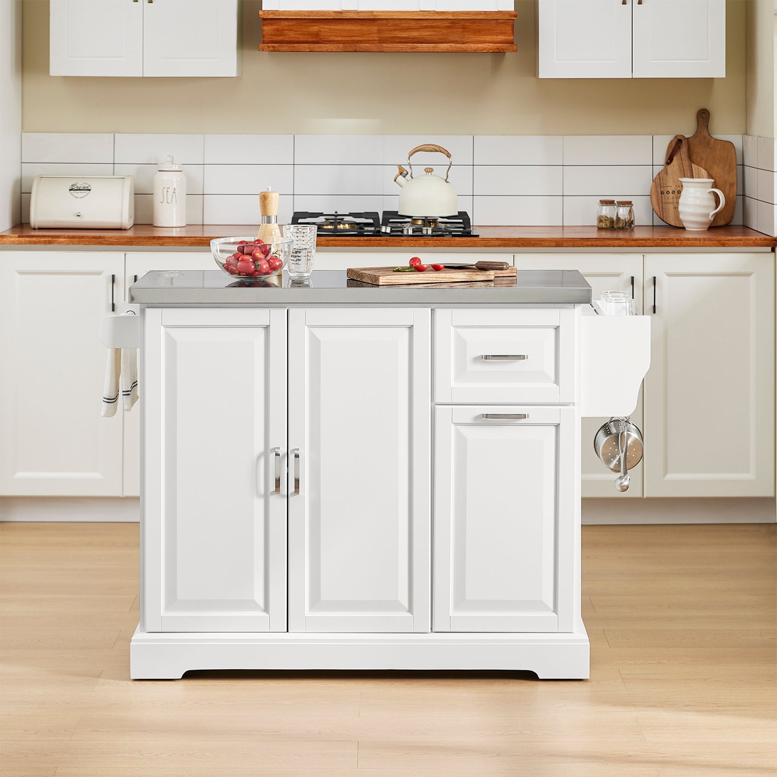 SoBuy FKW128-ST Isola Cucina su Ruote con Piano di Lavoro Estendibile, Mobiletto Salvaspazio, Carrello da Cucina con Ruote, con Due Cassetti e Ripiano Regolabile 130 x 46/71 x 91cm Bianco
