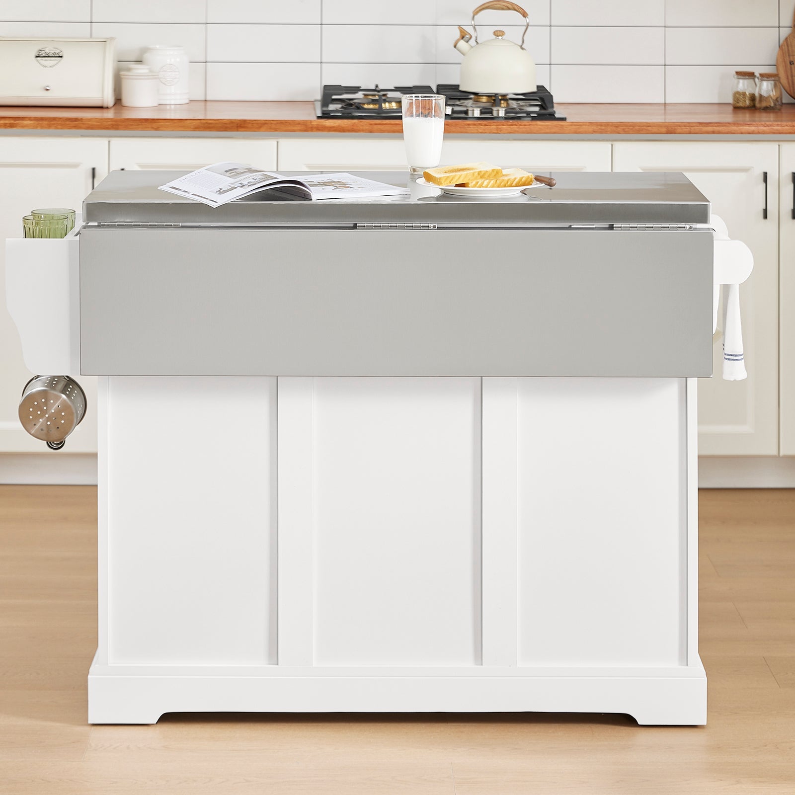 SoBuy FKW128-ST Isola Cucina su Ruote con Piano di Lavoro Estendibile, Mobiletto Salvaspazio, Carrello da Cucina con Ruote, con Due Cassetti e Ripiano Regolabile 130 x 46/71 x 91cm Bianco
