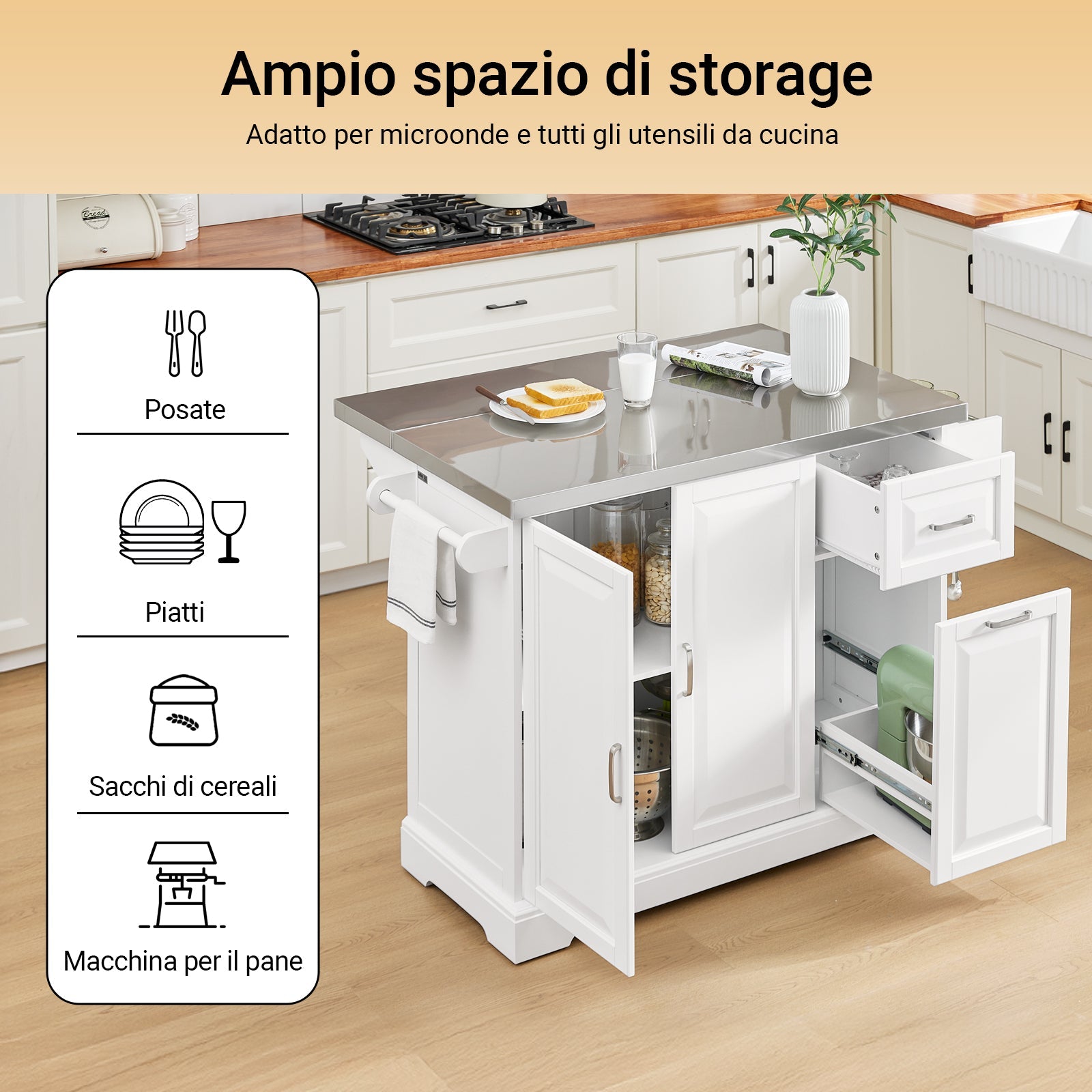 SoBuy FKW128-ST Isola Cucina su Ruote con Piano di Lavoro Estendibile, Mobiletto Salvaspazio, Carrello da Cucina con Ruote, con Due Cassetti e Ripiano Regolabile 130 x 46/71 x 91cm Bianco