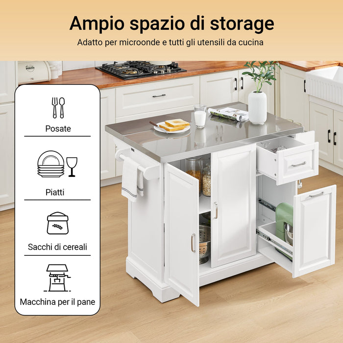 SoBuy FKW128-ST Isola Cucina su Ruote con Piano di Lavoro Estendibile, Mobiletto Salvaspazio, Carrello da Cucina con Ruote, con Due Cassetti e Ripiano Regolabile 130 x 46/71 x 91cm Bianco