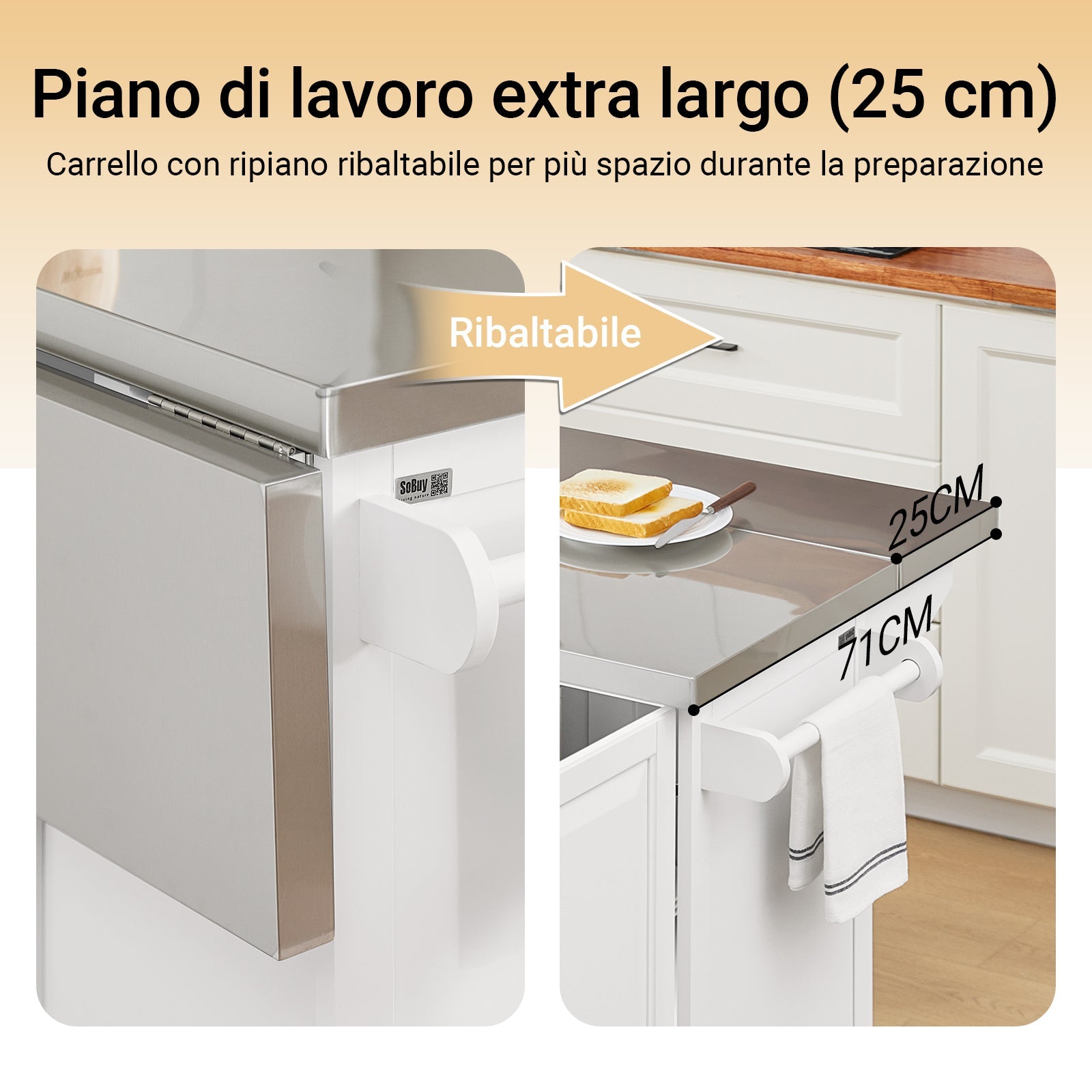 SoBuy FKW128-ST Isola Cucina su Ruote con Piano di Lavoro Estendibile, Mobiletto Salvaspazio, Carrello da Cucina con Ruote, con Due Cassetti e Ripiano Regolabile 130 x 46/71 x 91cm Bianco