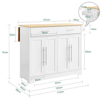 SoBuy FKW129-WN Carrello Cucina con Ruote, Isola Cucina con Piano di Lavoro Estensibile in Legno, 2 Cassetti e Ripiani Regolabili Mobile Salvaspazio per Mobili da Cucina, Bianco, L113 x P91 x H(44-69)