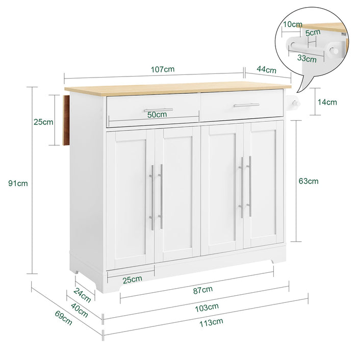 SoBuy FKW129-WN Carrello Cucina con Ruote, Isola Cucina con Piano di Lavoro Estensibile in Legno, 2 Cassetti e Ripiani Regolabili Mobile Salvaspazio per Mobili da Cucina, Bianco, L113 x P91 x H(44-69)