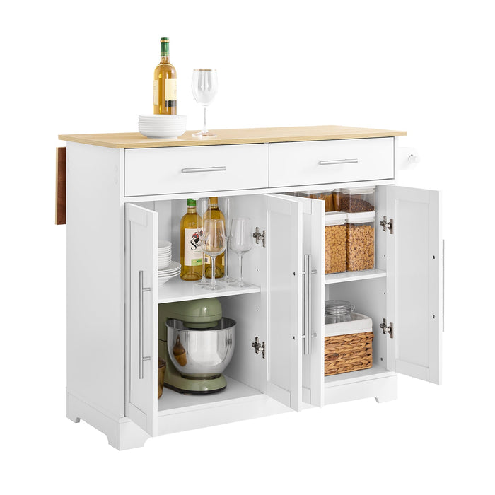 SoBuy FKW129-WN Carrello Cucina con Ruote, Isola Cucina con Piano di Lavoro Estensibile in Legno, 2 Cassetti e Ripiani Regolabili Mobile Salvaspazio per Mobili da Cucina, Bianco, L113 x P91 x H(44-69)