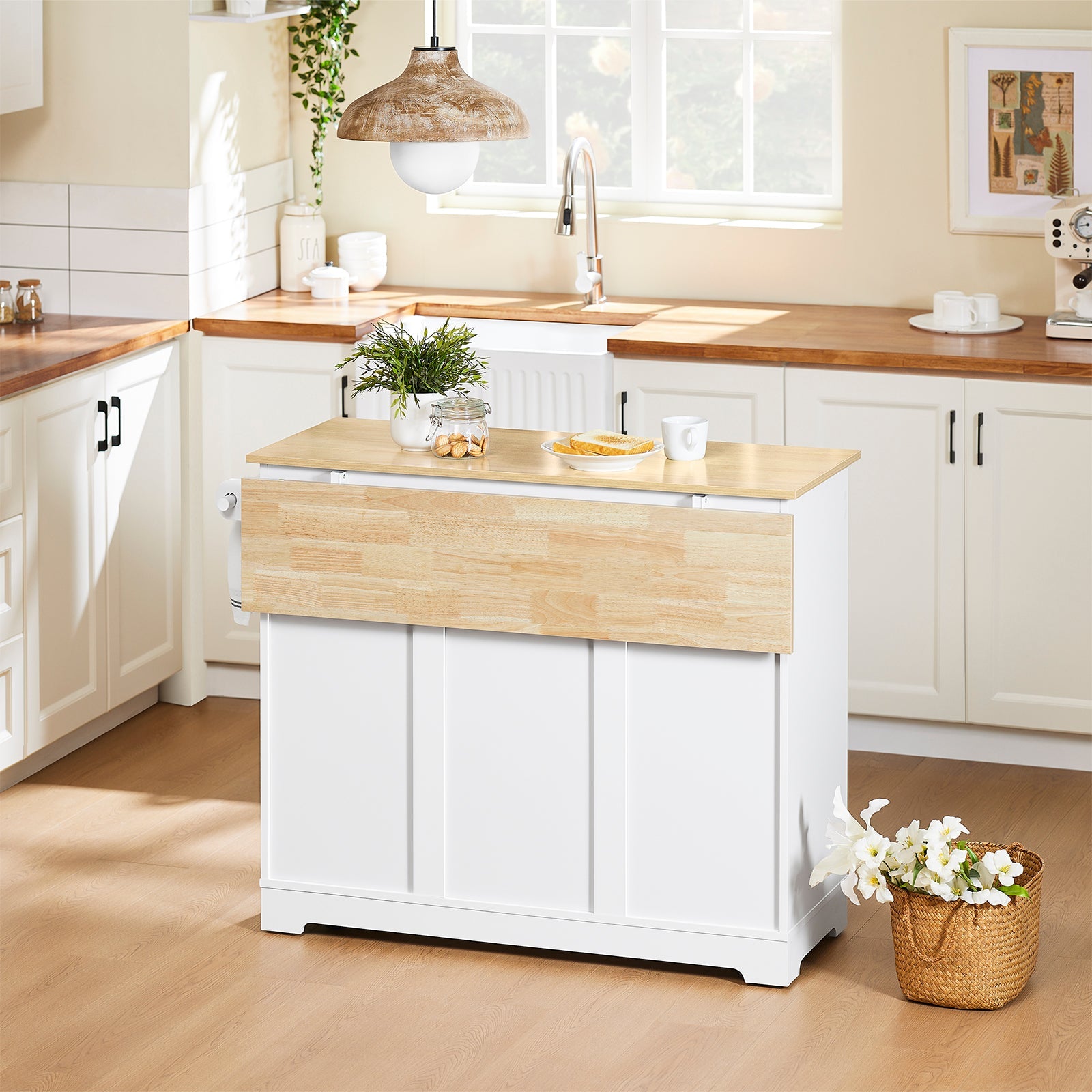 SoBuy FKW129-WN Carrello Cucina con Ruote, Isola Cucina con Piano di Lavoro Estensibile in Legno, 2 Cassetti e Ripiani Regolabili Mobile Salvaspazio per Mobili da Cucina, Bianco, L113 x P91 x H(44-69)