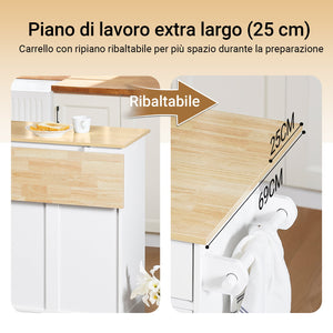 SoBuy FKW129-WN Carrello Cucina con Ruote, Isola Cucina con Piano di Lavoro Estensibile in Legno, 2 Cassetti e Ripiani Regolabili Mobile Salvaspazio per Mobili da Cucina, Bianco, L113 x P91 x H(44-69)