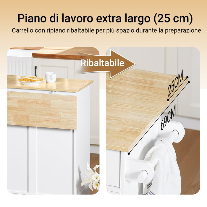 SoBuy FKW129-WN Carrello Cucina con Ruote, Isola Cucina con Piano di Lavoro Estensibile in Legno, 2 Cassetti e Ripiani Regolabili Mobile Salvaspazio per Mobili da Cucina, Bianco, L113 x P91 x H(44-69)