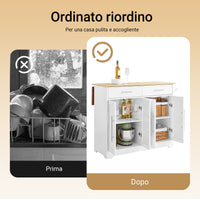 SoBuy FKW129-WN Carrello Cucina con Ruote, Isola Cucina con Piano di Lavoro Estensibile in Legno, 2 Cassetti e Ripiani Regolabili Mobile Salvaspazio per Mobili da Cucina, Bianco, L113 x P91 x H(44-69)