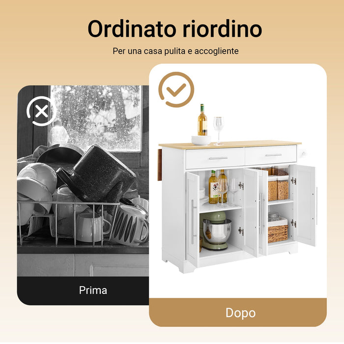 SoBuy FKW129-WN Carrello Cucina con Ruote, Isola Cucina con Piano di Lavoro Estensibile in Legno, 2 Cassetti e Ripiani Regolabili Mobile Salvaspazio per Mobili da Cucina, Bianco, L113 x P91 x H(44-69)