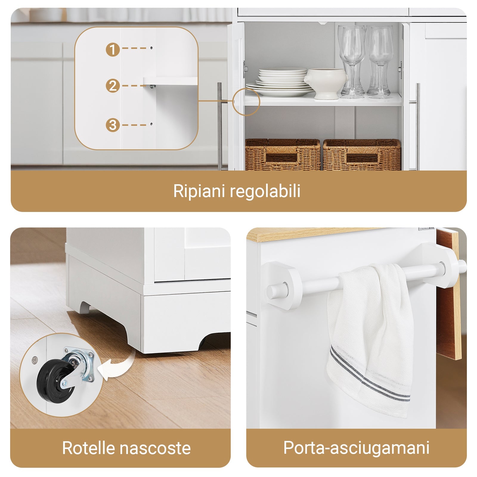 SoBuy FKW129-WN Carrello Cucina con Ruote, Isola Cucina con Piano di Lavoro Estensibile in Legno, 2 Cassetti e Ripiani Regolabili Mobile Salvaspazio per Mobili da Cucina, Bianco, L113 x P91 x H(44-69)