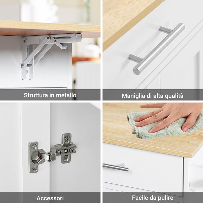 SoBuy FKW129-WN Carrello Cucina con Ruote, Isola Cucina con Piano di Lavoro Estensibile in Legno, 2 Cassetti e Ripiani Regolabili Mobile Salvaspazio per Mobili da Cucina, Bianco, L113 x P91 x H(44-69)